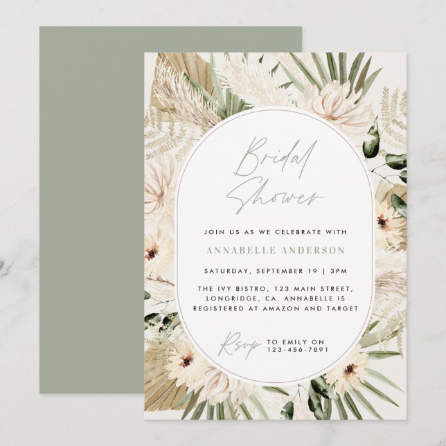 Invitation Pampas douche nuptiale herbe moderne sauge vert (Devant / Derrière)