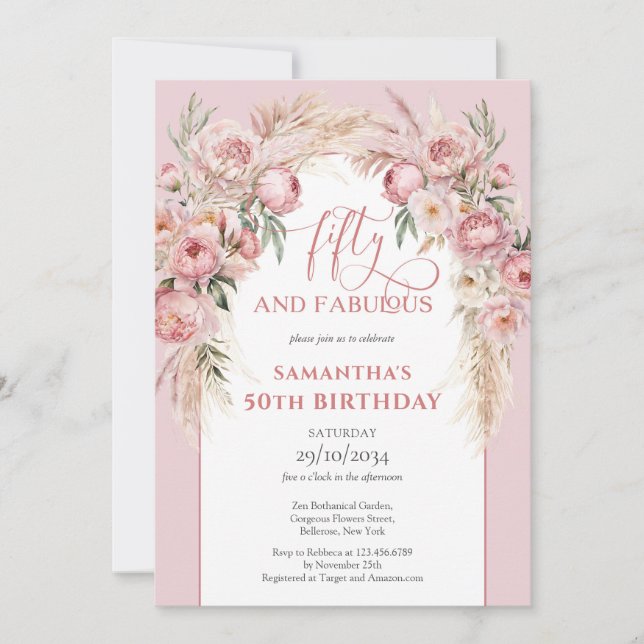 Invitation Pampas en arc de bouho fleurs roses rousses 50e an (Devant)