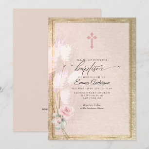 Invitation Pampas en or rose Grass Floral BAPTISM