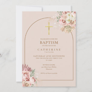 Invitation Pampas en or rose Grass Girl Baptism QR Code
