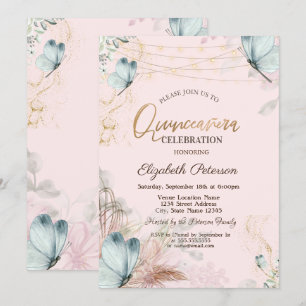 Invitation Pampas Fleurs de laiton Bleu Papillons Quinceañera