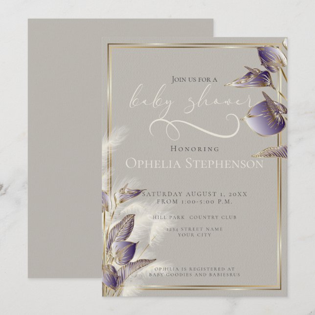 Invitation Pampas Floral Anthurium Violet (Devant / Derrière)