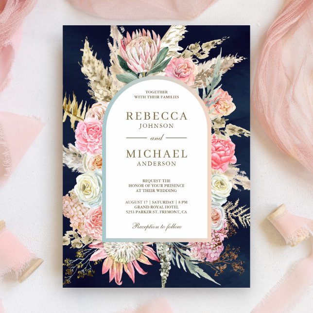 Invitation Pampas Floral Rose Russe Mariage bleu marine (Créateur téléchargé)