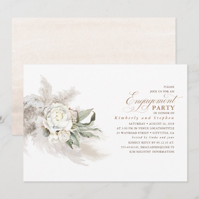 Invitation Pampas Florale Blanche Grass Élégante Partie d'eng (Devant / Derrière)