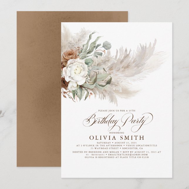 Invitation Pampas Florale de verdure Boho de laiton Anniversa (Devant / Derrière)