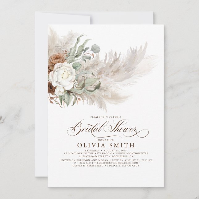 Invitation Pampas Florale Fête des mariées Boho en laiton (Devant)