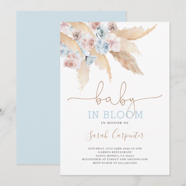 Invitation Pampas Grass Baby in florom douche garçon invitati (Devant / Derrière)