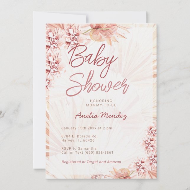 Invitation Pampas Grass Baby shower Neutre Fille Garçon Bohèm (Devant)