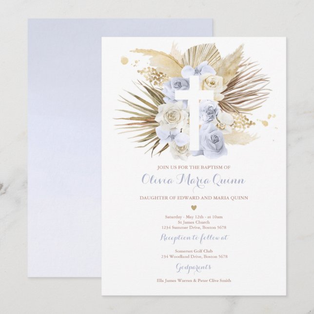Invitation Pampas Grass Bohème Baptême Boho Christening (Devant / Derrière)