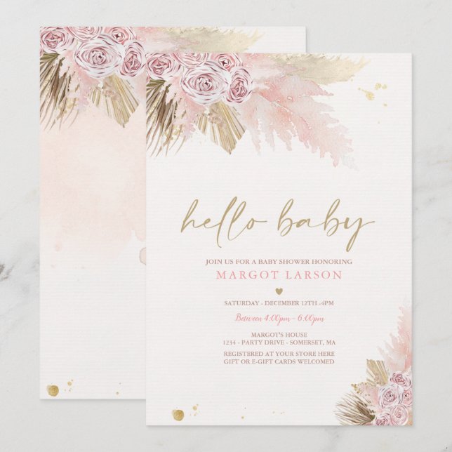 Invitation Pampas Grass Bohème Tropical Girl Baby shower (Devant / Derrière)