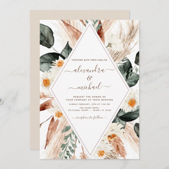 Invitation Pampas Grass Boho Bohemian Eucalyptus Mariage Invi (Devant / Derrière)