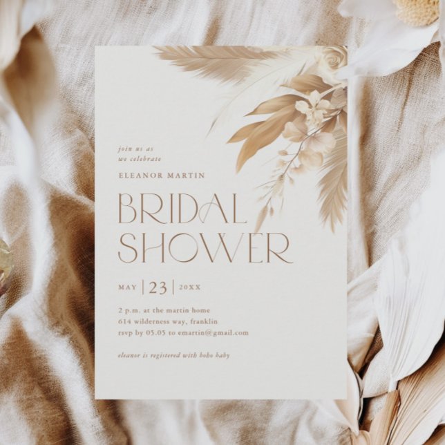 Invitation Pampas Grass Boho Fête des mariées neutre (Pampas grass elegant type boho neutral bridal shower invitation.)