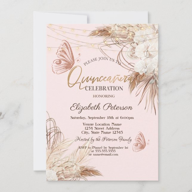 Invitation Pampas Grass Boho Fleurs papillons Quinceañera (Devant)