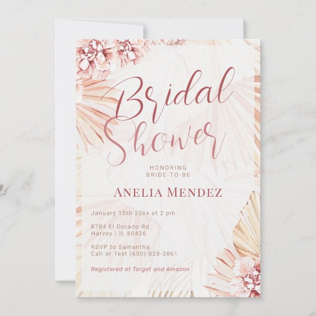 Invitation Pampas Grass Boho Floral Fête des mariées Bohème (Devant)