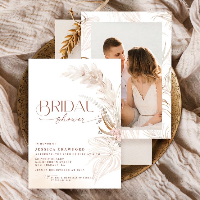 Invitation Pampas Grass Boho Floral Photo Fête des mariées (Créateur téléchargé)