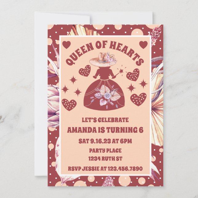Invitation Pampas Grass Boho Reine Des Coeurs Anniversaire (Devant)