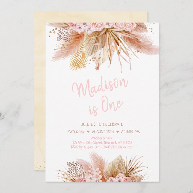 Invitation Pampas Grass Boho rose Floral Girl Anniversaire (Devant / Derrière)