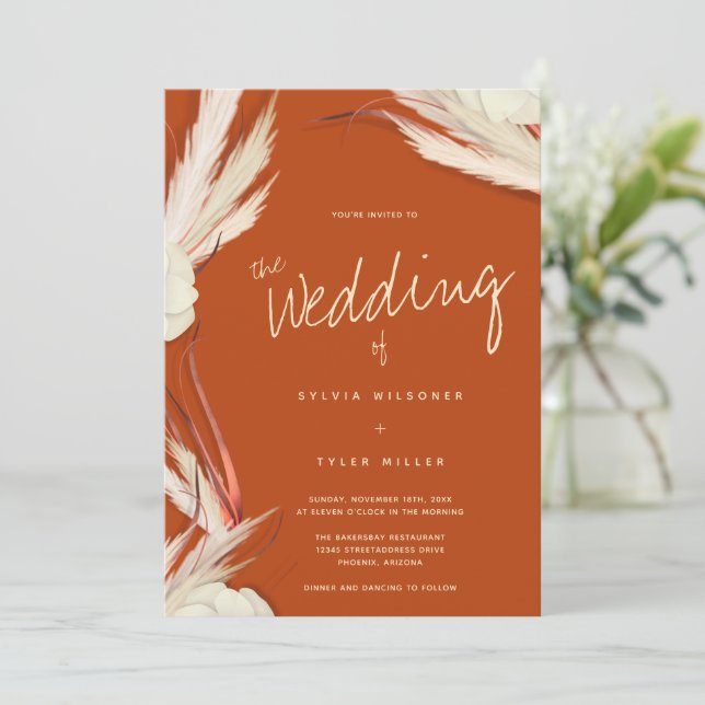 Invitation Pampas Grass Botanique Brûlé Orange Mariage (Debout devant)