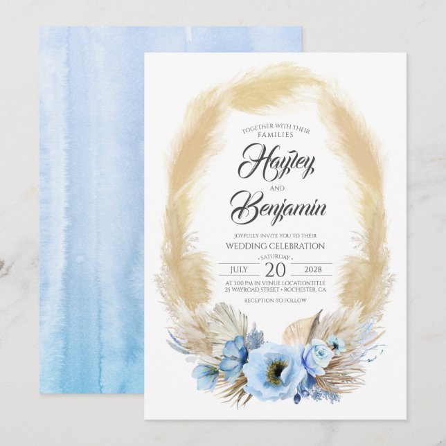 Invitation Pampas Grass Dusty Blue Fleurs Mariage tropical (Devant / Derrière)