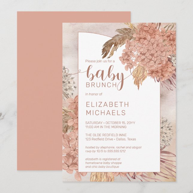 Invitation Pampas Grass et Hydrangeas Blooms Baby Brunch Inv (Devant / Derrière)