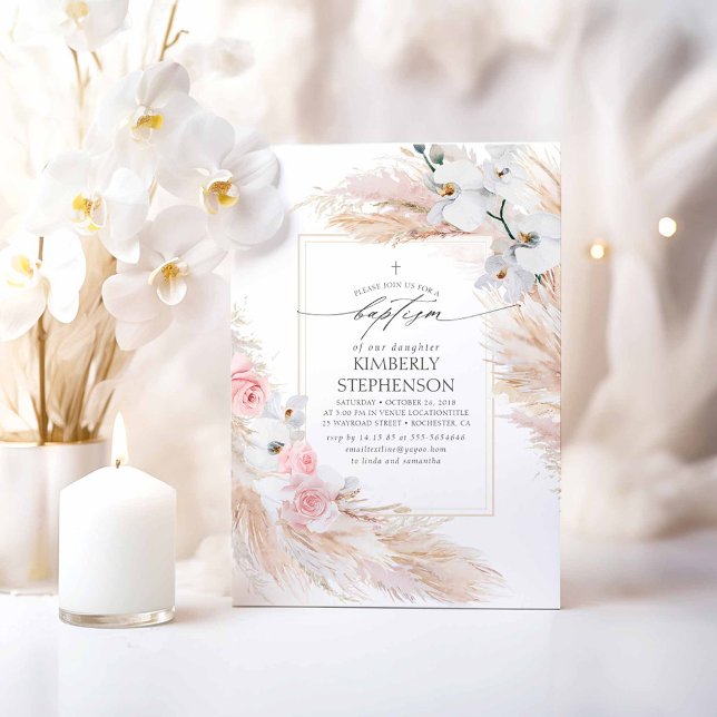Invitation Pampas Grass et Orchidées Blanches Baptême tropica (Pampas Grass Boho Pink Baptism Invitations)