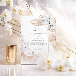 Invitation Pampas Grass et Orchidées Blanches Elégant Anniver