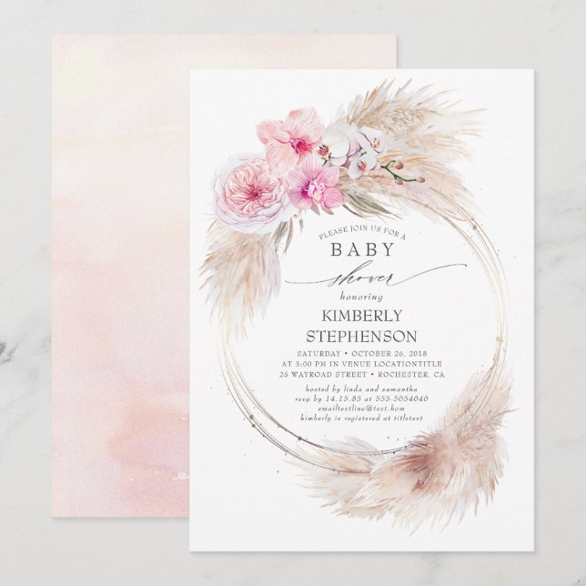 Invitation Pampas Grass et Orchidées roses Baby shower exotiq (Devant / Derrière)