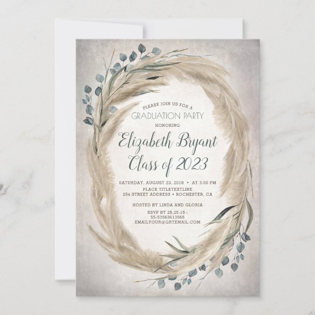 Invitation Pampas Grass et verdure Boho Chic Graduation (Devant)