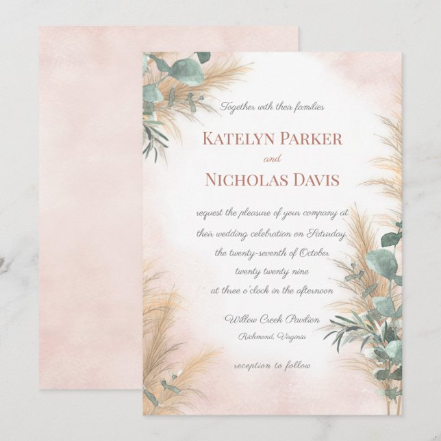 Invitation Pampas Grass Eucalyptus Vert Boho Mariage Invi (Devant / Derrière)