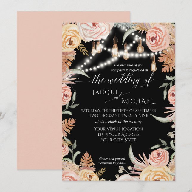 Invitation Pampas Grass Floral Edison Twinkle Lights Mariage (Devant / Derrière)