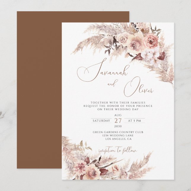 Invitation Pampas Grass Floral Terracotta Mariage bohème (Devant / Derrière)
