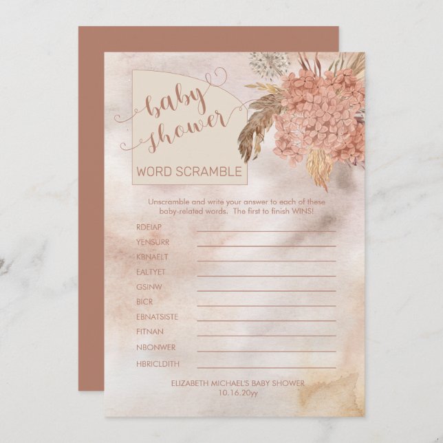 Invitation Pampas Grass |Hydrangeas Baby shower Word Scramble (Devant / Derrière)
