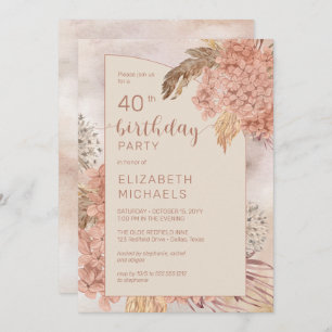 Invitation Pampas Grass Hydrangeas Blooms 40ème anniversaire 