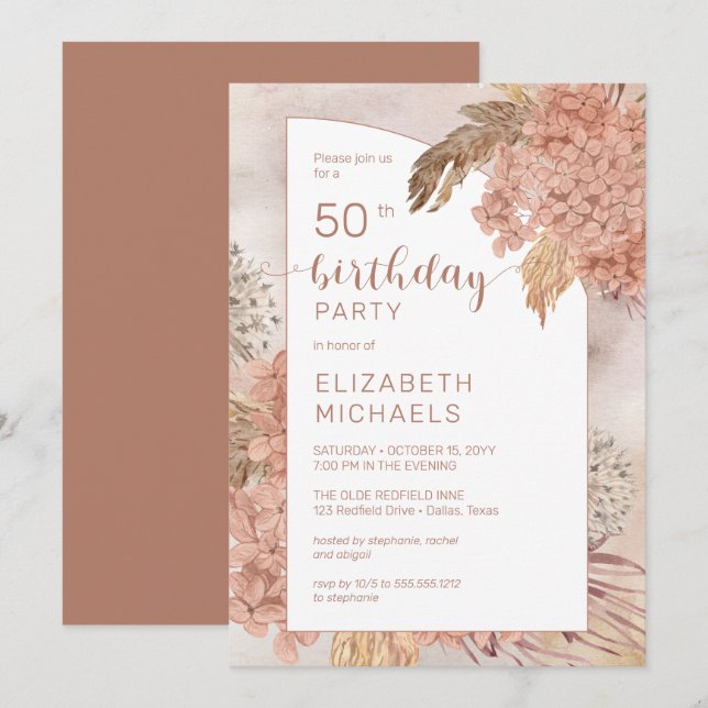 Invitation Pampas Grass Hydrangeas Blooms fête 50e anniversai (Devant / Derrière)