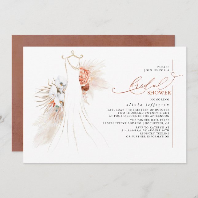 Invitation Pampas Grass Mariage Gown Terracotta Fête des mari (Devant / Derrière)