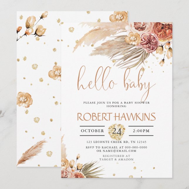 Invitation Pampas Grass modifiable, Baby shower bohème (Devant / Derrière)