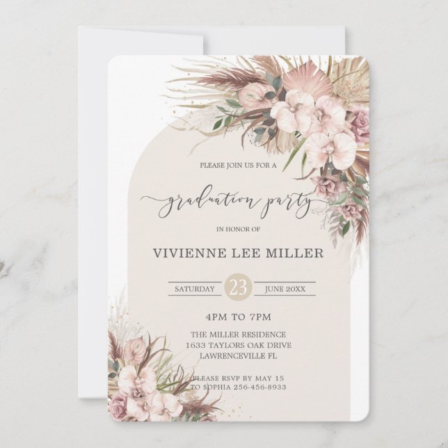 Invitation Pampas Grass Orchid Floral Arch Graduation (Devant)