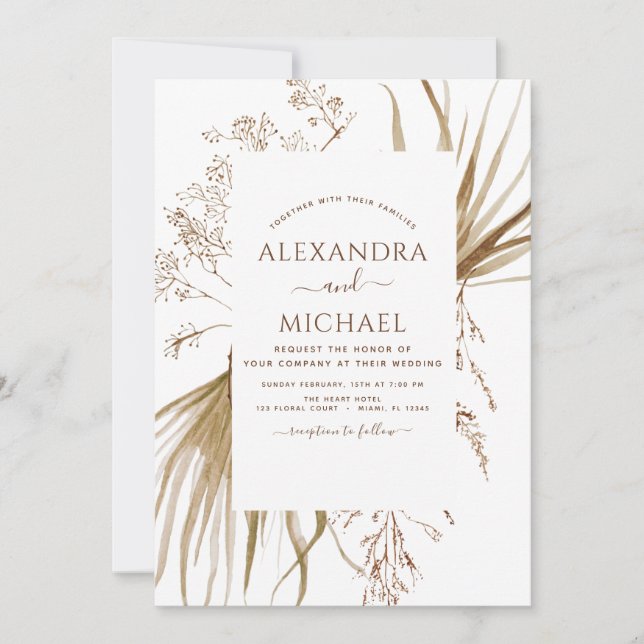 Invitation Pampas Grass Photo Bohemian Boho Mariage (Devant)