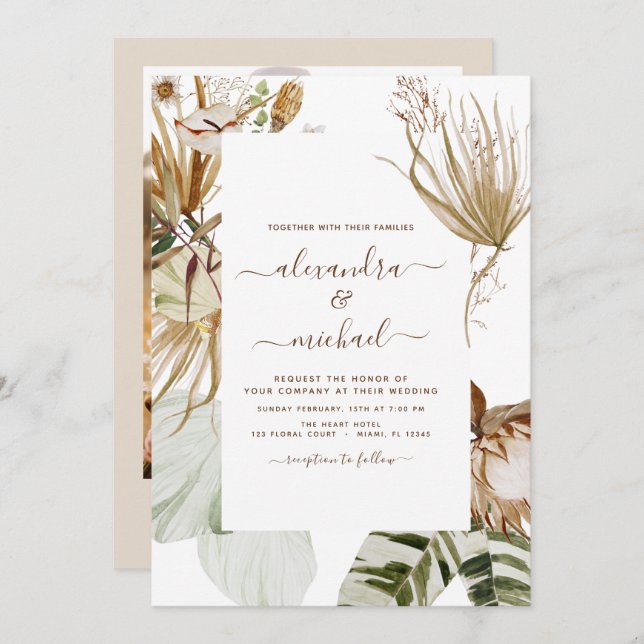 Invitation Pampas Grass Photo Bohemian Boho Mariage tropical (Devant / Derrière)