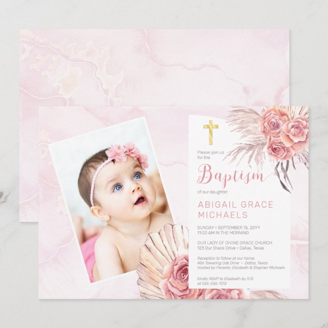 Invitation Pampas Grass | Rose Blooms Girl Baby Photo Baptism (Devant / Derrière)