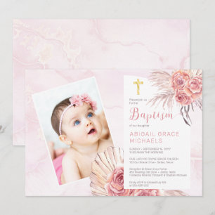 Invitation Pampas Grass   Rose Blooms Girl Baby Photo Baptism