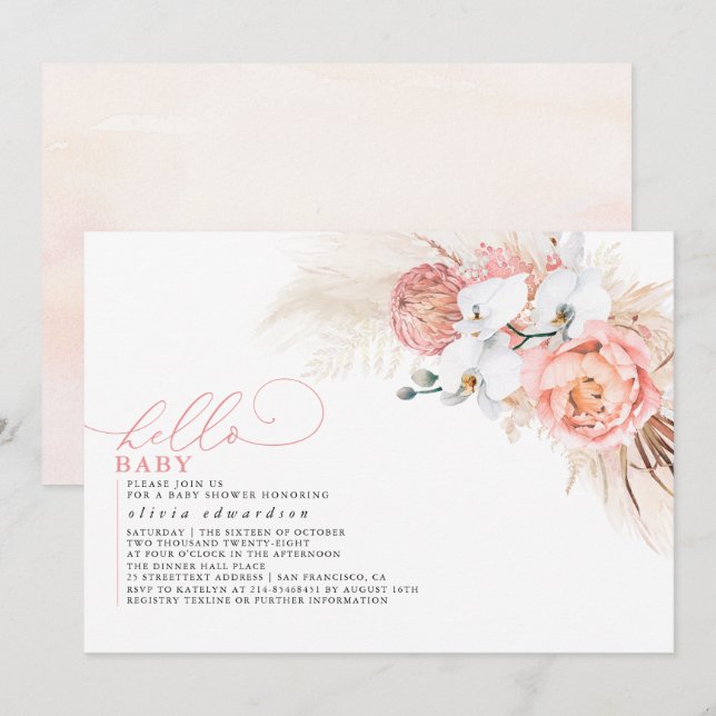 Invitation Pampas Grass rose Bonjour bébé fille Douche (Devant / Derrière)