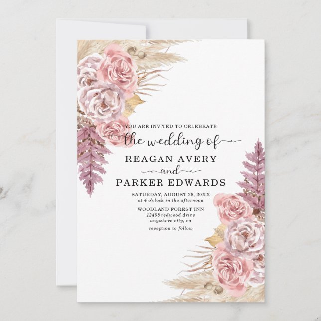 Invitation Pampas Grass Rose et Purple Mariage (Devant)