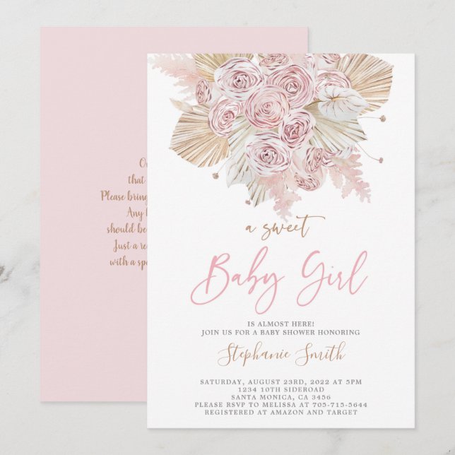 Invitation Pampas Grass Rose fille Baby shower (Devant / Derrière)