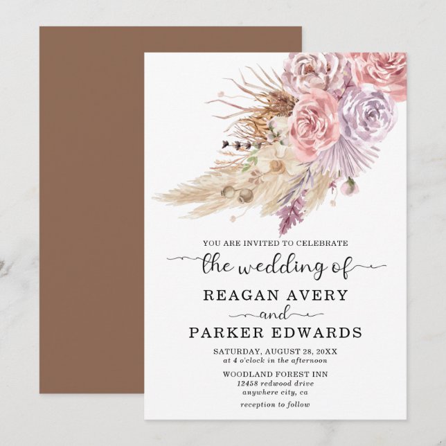 Invitation Pampas Grass Rose Floral Purple Mariage (Devant / Derrière)