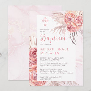 Invitation Pampas Grass  Rose Rose Blooms Fille Baptême bébé