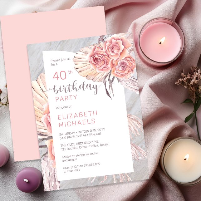 Invitation Pampas Grass |Rose rose fleurit 40e fête d'anniver (Pampas Grass & Pink Rose Blooms 40th Birthday Invitation - Print | Digital Download)