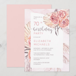 Invitation Pampas Grass  Rose rose fleurit 70e fête d'anniver