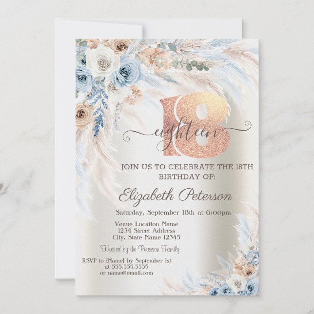 Invitation Pampas Grass Roses Ivoire 18e anniversaire (Devant)