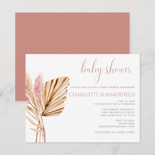Invitation Pampas Grass Rustic Boho Baby shower Floral (Devant / Derrière)